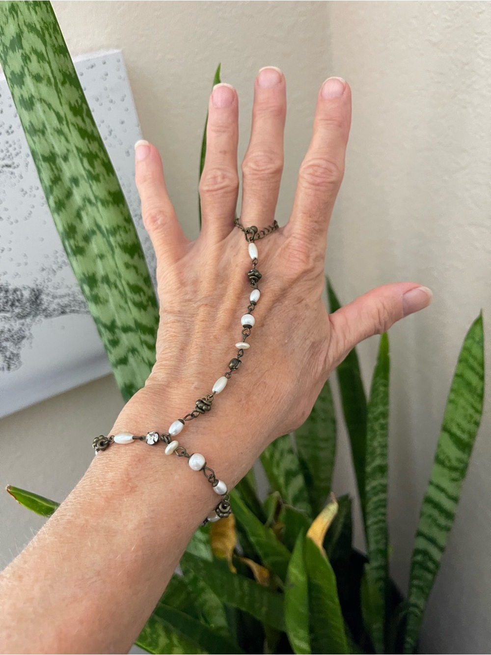 Delicate Pearl Hand Chain Bracelet- White Pearls with Antiqued Metal